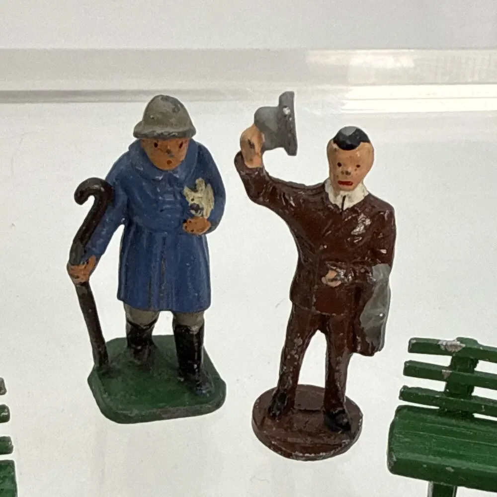 16 Barclay Manoil Painted Lead Traveler Figurines, Benches, Mailbox, Trash, Duck